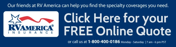 RV America insurance ad offering a free online quote and contact number.